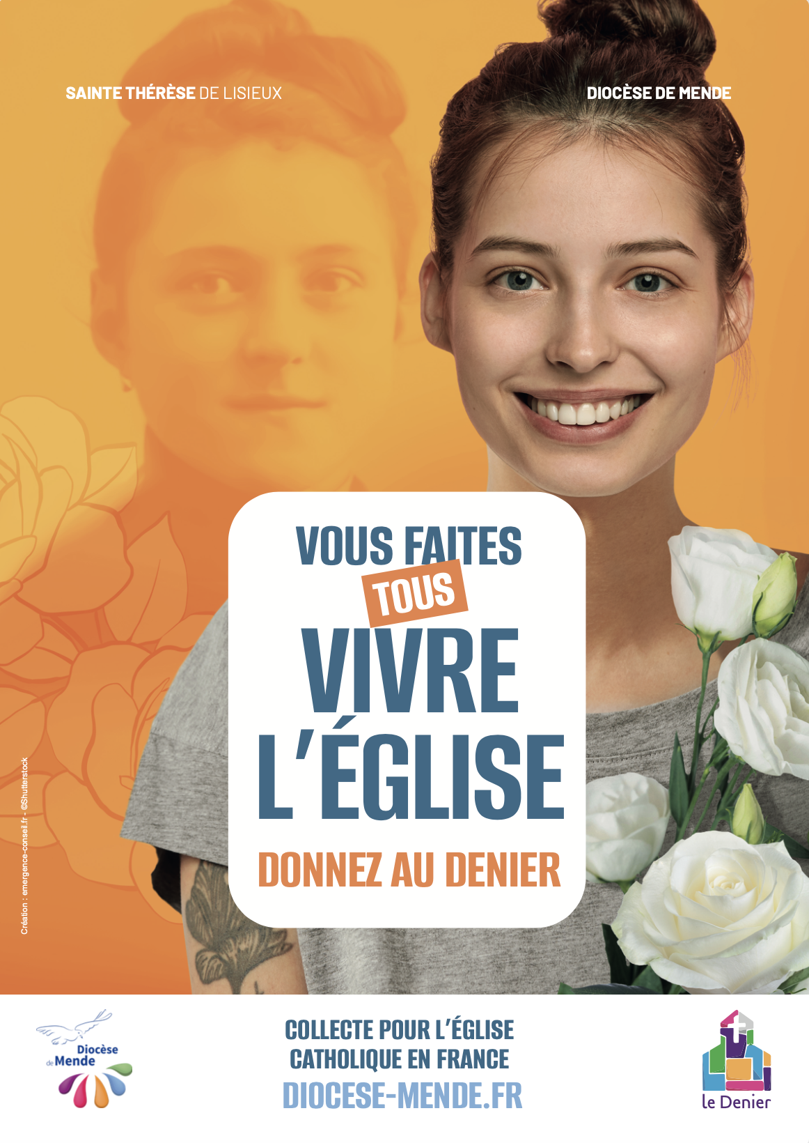 Affiche de la campagne du denier 2024 avec le visage d'une femme sur fond orange.